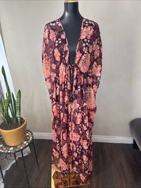 Floral Tie-kimono Maxi Dress in Burgundy and Coral